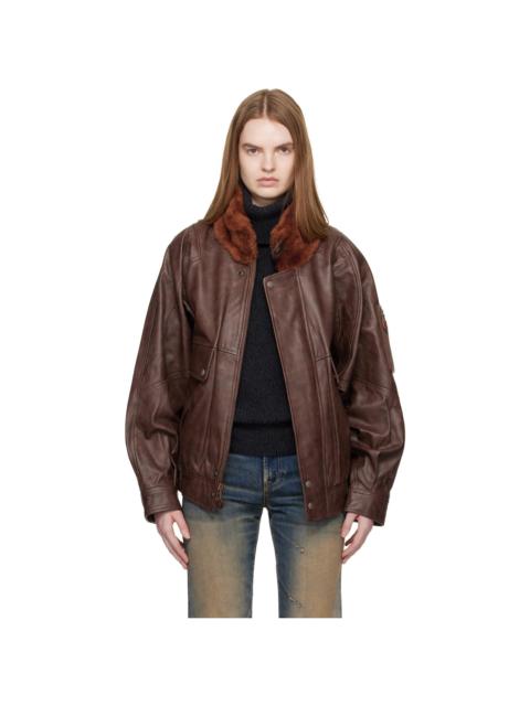 Brown Shearling Collar Flight Leather Jacket