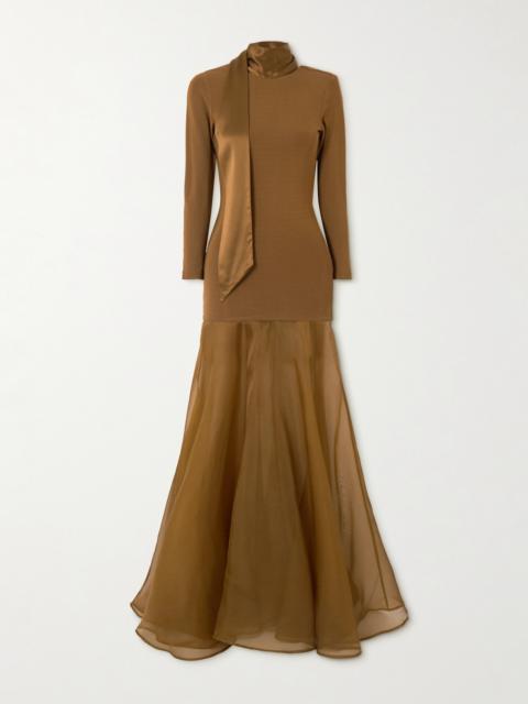 Aire Scarf-effect Satin-trimmed Stretch-knit And Silk-organza Maxi Dress