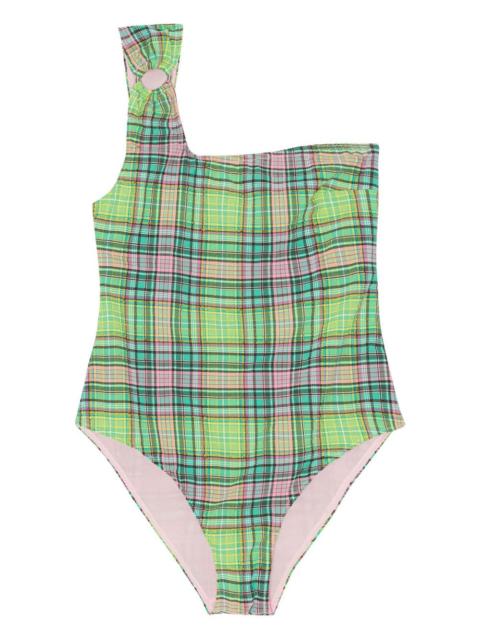 one-shoulder plaid-patterned swimsuit