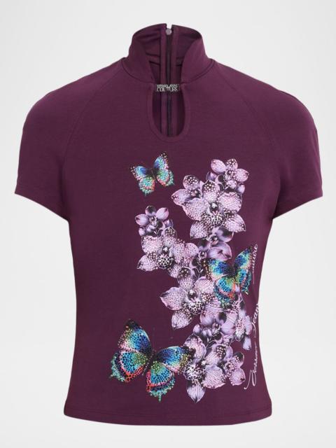 Printed Cut-Out Short-Sleeve Top