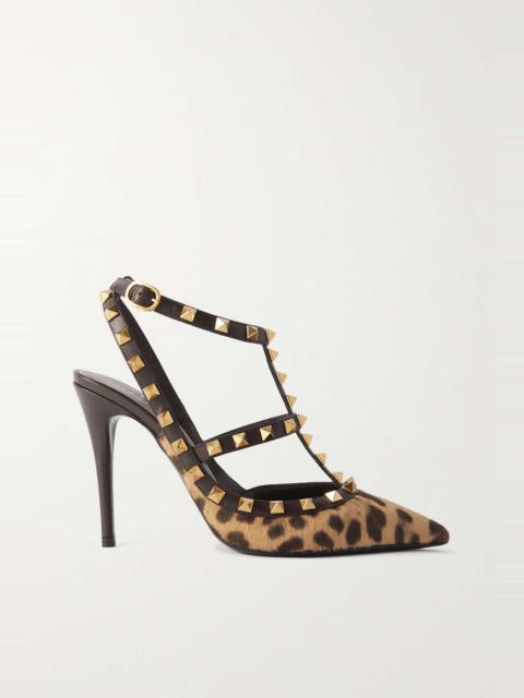 Rockstud 100 leather-trimmed leopard-print calf hair pumps