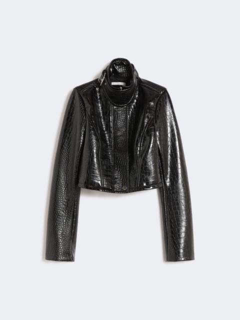 Patent leather cropped jacket with alligator print - BLACK