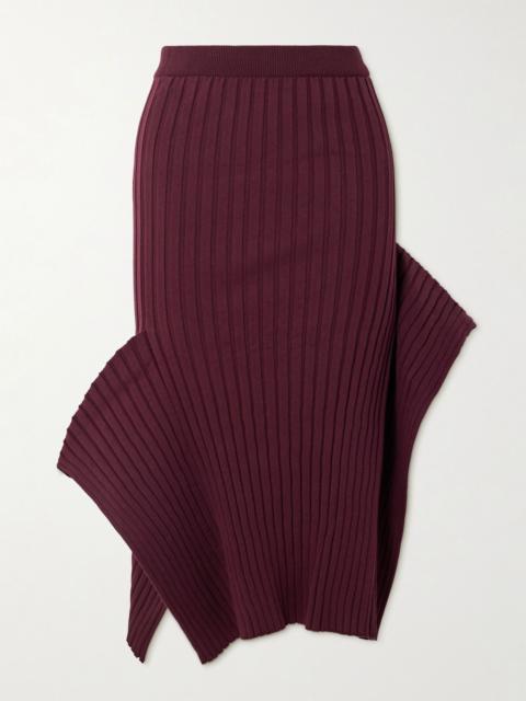 Asymmetric ribbed organic cotton midi skirt Burgundy