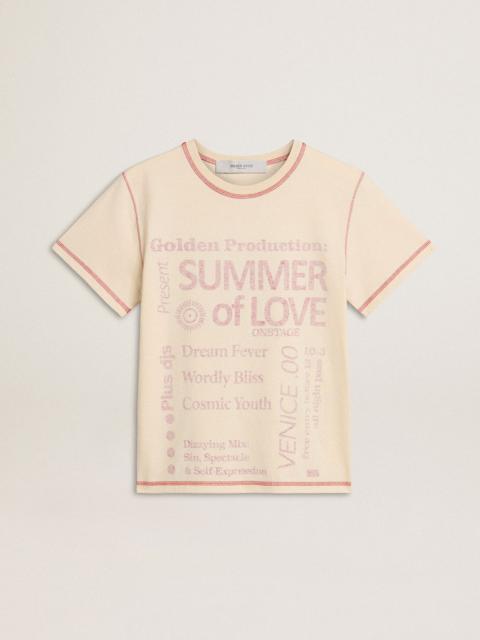 Women's cream T-shirt with faded red accents