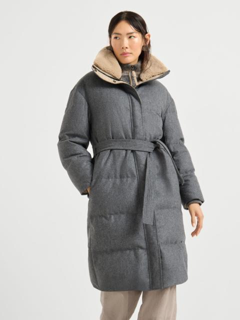 Virgin wool flannel down coat with detachable merino shearling collar and monili