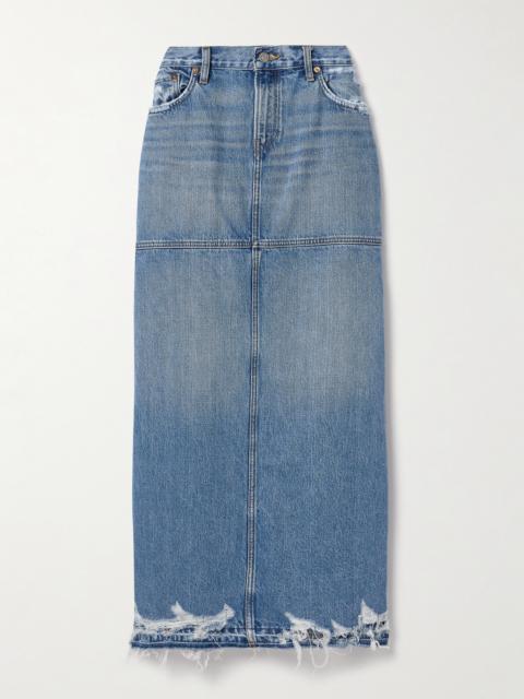 Frayed Paneled Denim Maxi Skirt