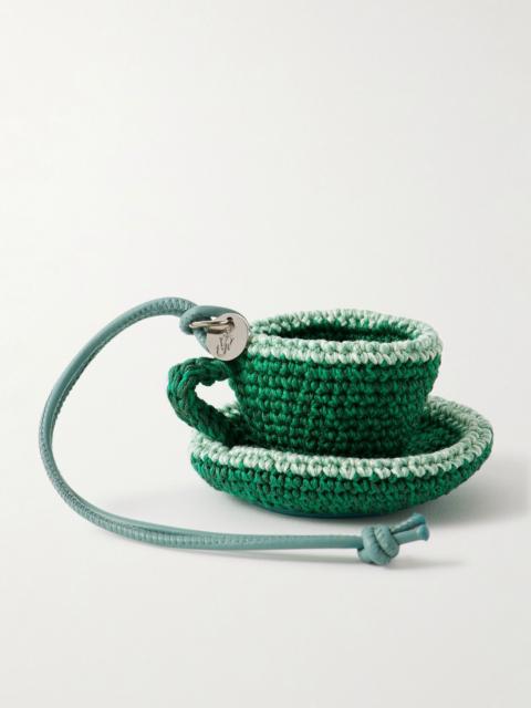 Teacup leather-trimmed crocheted bag charm Green