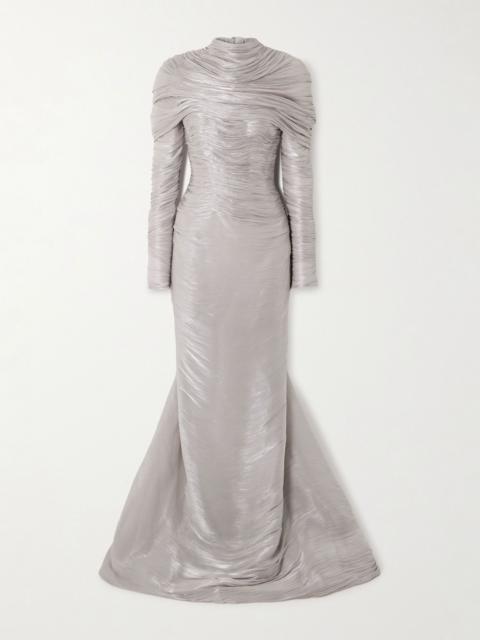Cape-effect metallic plissé-chiffon gown Silver