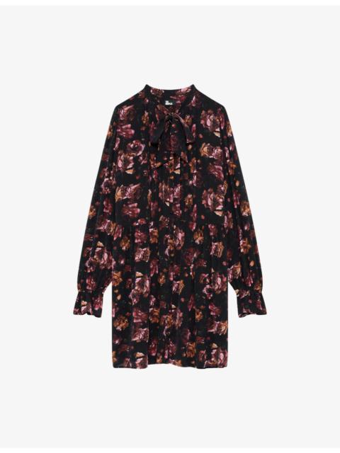 Rose-Print Long-Sleeve Woven Mini Dress