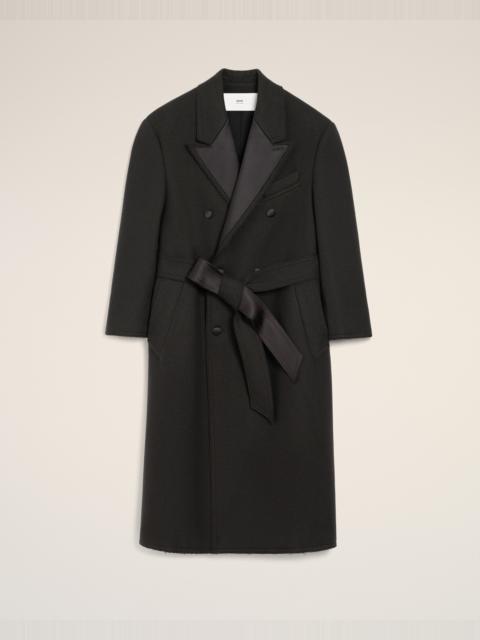 BLACK WOOL SMOCKING DOUBLE BREASTED LONG COAT