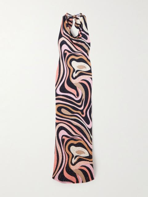 Marmo crystal-embellished printed satin-jersey halterneck maxi dress Pink