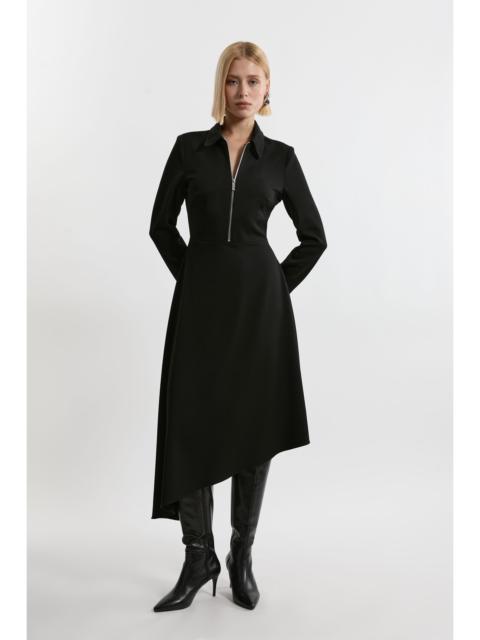 Technical Crepe Tailored Metal Zipp Detail High Low Midi Dress