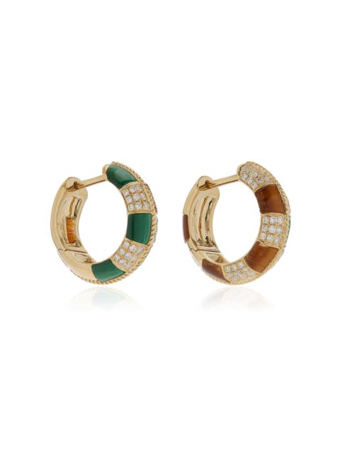 Checked 9K Yellow Gold Tiger's Eye, Malachite Hoop Earrings multi
