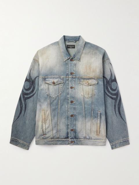 Oversized Distressed Printed Denim Jacket Blue