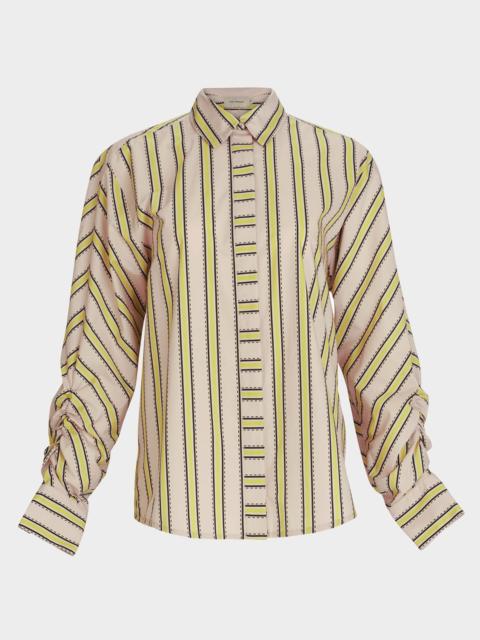 Caritina Striped Ruched-Sleeve Button-Down Blouse