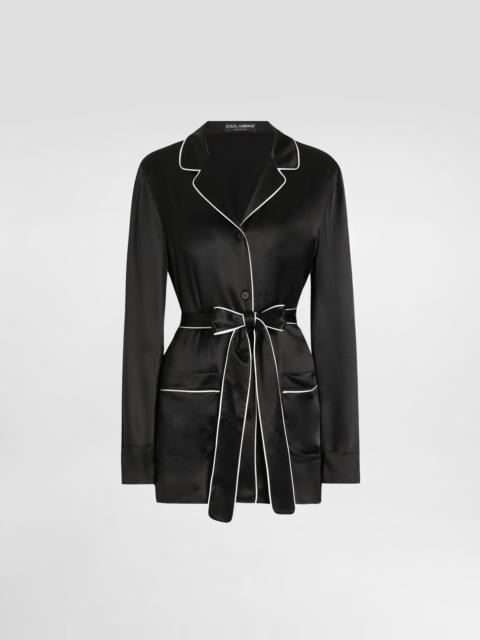 Silk pajama shirt with contrasting piping