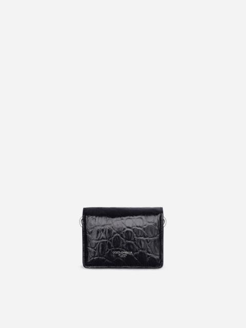 Shiny crocodile flank leather wallet with strap and heat-stamped logo