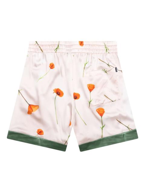 poppy-print side-stripe silk shorts