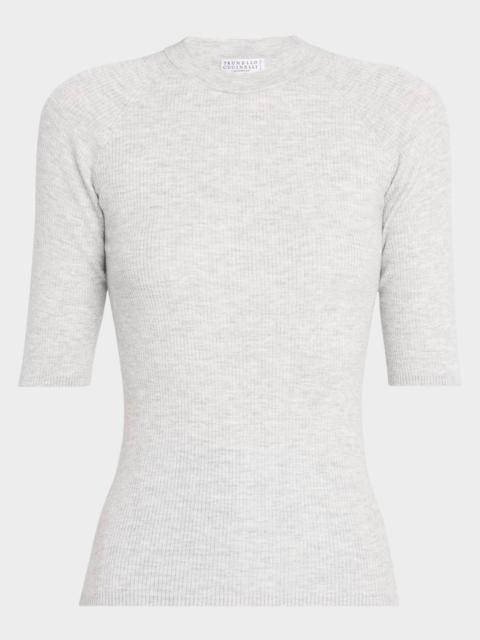 Shimmering Cashmere Stretch Rib Elbow-Sleeve Sweater