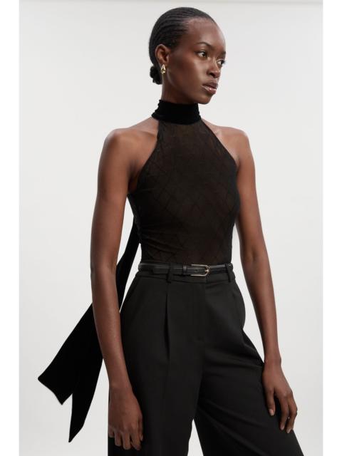 Mesh With Velvet Bow Neck Detail Halter Neck Bodysuit