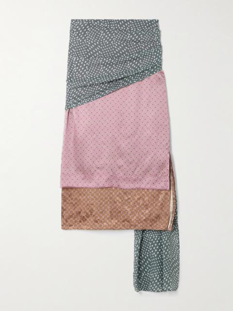 Gathered Draped Layered Printed Satin Midi Skirt