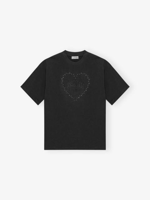 BLACK HEAVY COTTON DROP SHOULDER HEART T-SHIRT