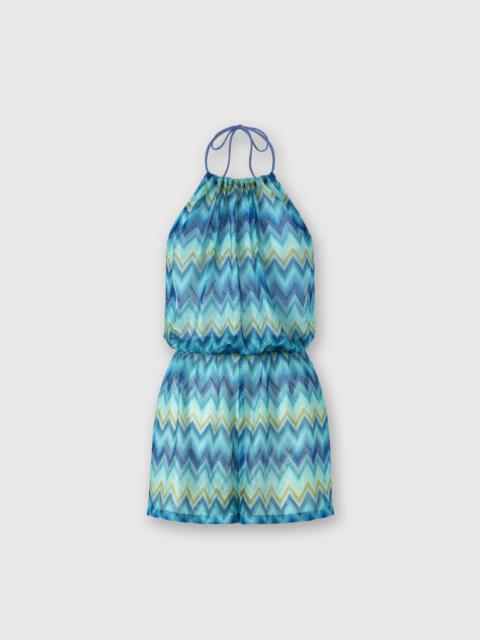 Short Jumpsuit with Slide Neck and Faded Stripes