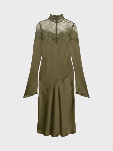 MIDI SATIN DRESS WITH SCALLOPED LACE YOKE