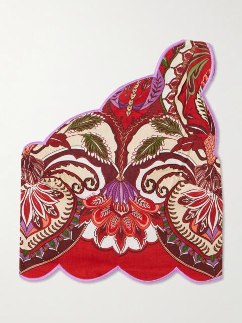 Odara One-shoulder Scalloped Printed Linen-blend Top