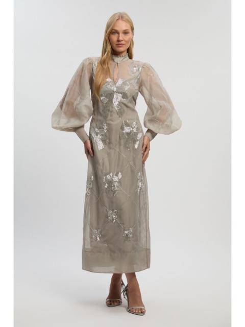 Crystal Embellished Organdie Balloon Sleeve Midi Dress