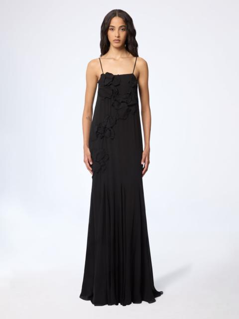 Black Long Embroidered Flowers Silk Dress