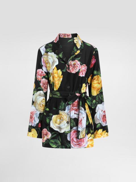 Silk habotai pajama shirt with rose and peony print