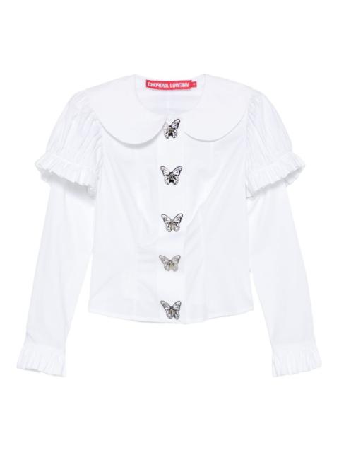 butterfly-embellished ruffled shirt