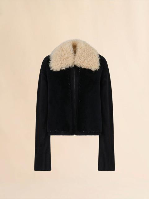 BLACK WOOL CARDIGAN WITH SHEARLING PATCHES