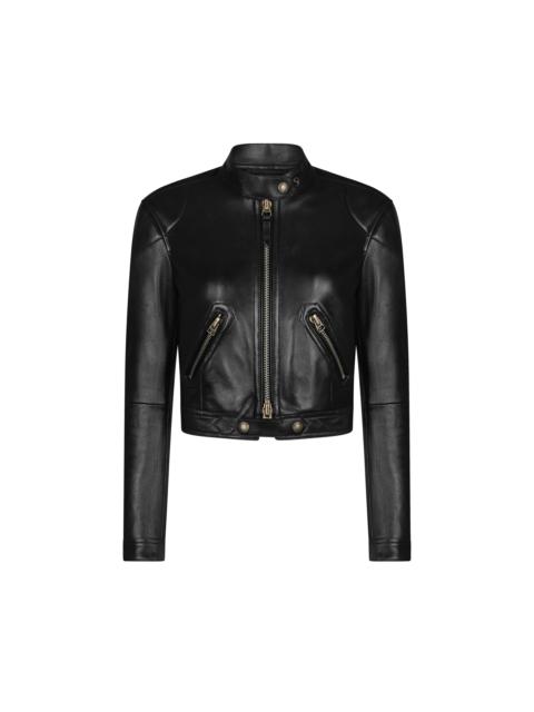 SHINY PLONGE LEATHER ZIP RACER JACKET
