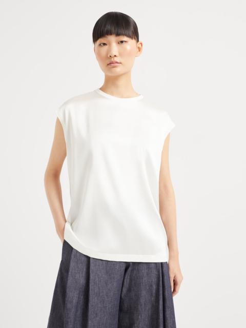 Stretch silk satin T-shirt with monili