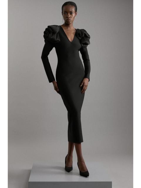 Figure Form Bandage Knit Silk Ruffle Shoulder Detail Midaxi Dress