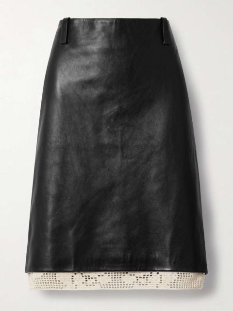Crochet-trimmed leather midi skirt