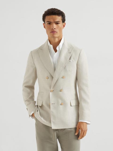 Virgin wool, silk and linen Prince of Wales one-and-a-half breasted deconstructed blazer with metal 