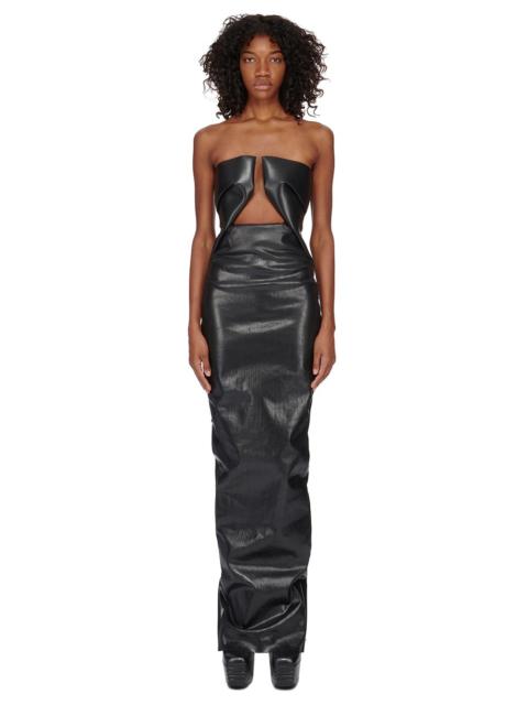 Strapless cutout ruched coated-denim gown