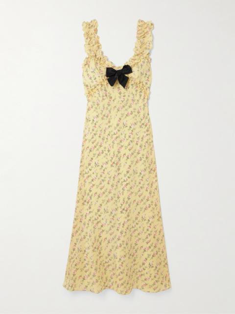 Bow-detailed Ruffled Floral-print Silk Crepe De Chine Midi Dress
