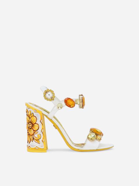 Patent leather sandals with stone embellishment and painted heel