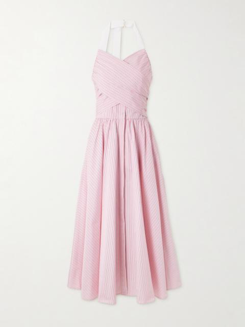 Draped Striped Cotton-poplin Halterneck Midi Dress