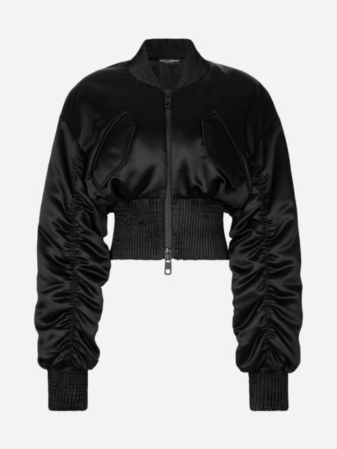 Short duchesse bomber jacket with draped sleeves