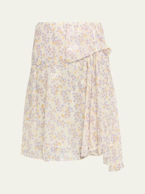 Floral-Print Metallic Silk Gathered Skirt