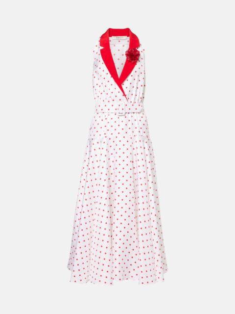 Polka-dot belted silk twill midi dress