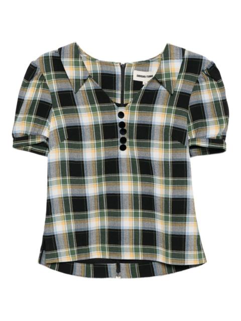 notched-collar puff-sleeves blouse