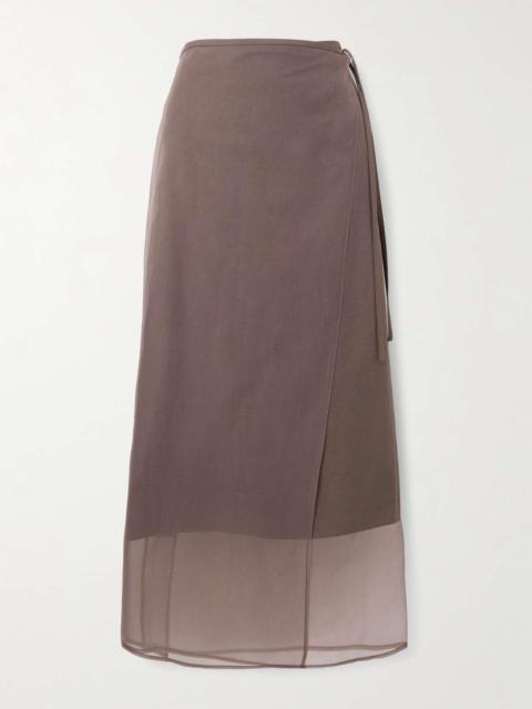 Organza-trimmed cotton-blend midi wrap skirt Brown
