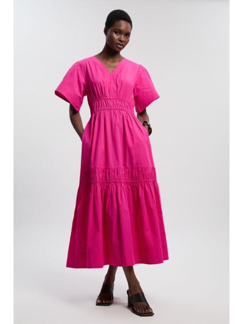 Cotton Woven Shirred Tiered Short Sleeve Maxi Dress