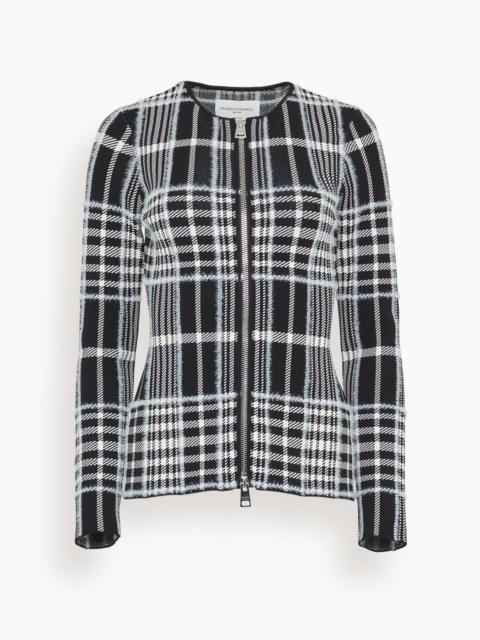 The Greer Zip Front Knit Cardigan in Black Plaid